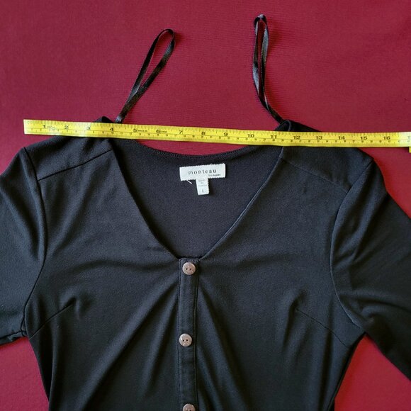 Monteau | Black V-Neck Faux Button A Line Midi Dress | L - Picture 5 of 10